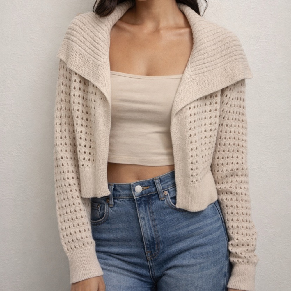 Universal Thread Cream Open Knit Cardigan Small Shall Collar, Cropped Sweater